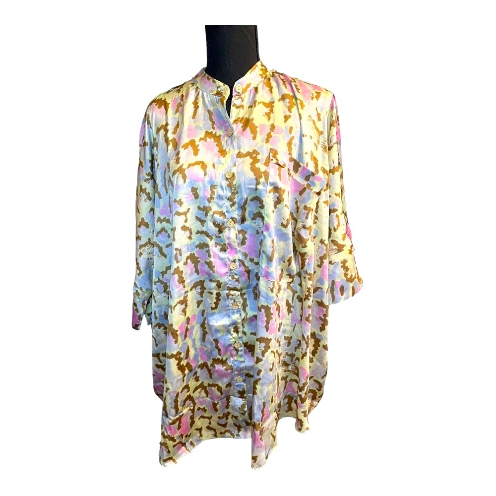 Free People Satin Button-Up Tunic - Pastel Blue, Pink & Gold Print